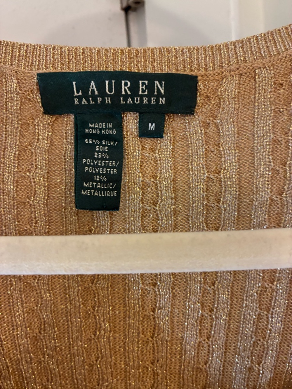 Lauren Ralph Lauren Women’s Gold Ribbed V-Neck Sweater M - Picture 2 of 3